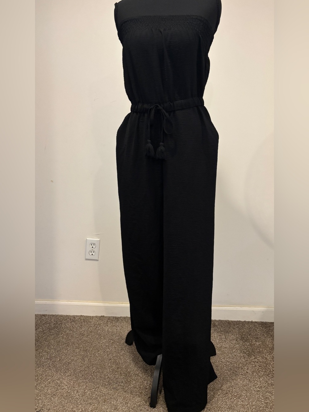 Black Strapless Drawstring Waist Wide-Leg Jumpsuit With Pockets size M